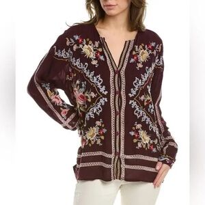 Johnny Was Carmen Embroidered Blouse Button Front Boho Festival Sz XS